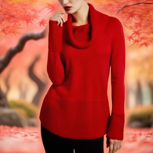 Calvin Klein Red Cowl Neck Knit Pullover Crocheted Trim Sweater Size Large - Picture 1 of 13